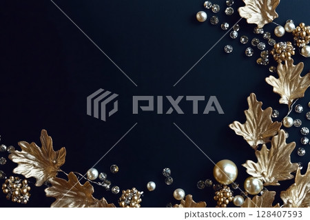 Diamonds and golden leafes on the edges of the picture. Top view 128407593