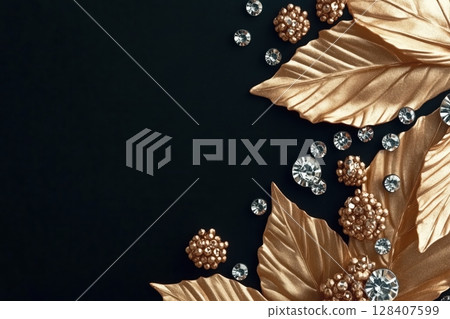 Diamonds and golden leafes on the edges of the picture. Top view Diamonds and golden leafes on the edges of the picture. Top view 128407599