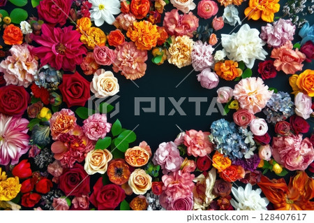 Flowers on the edges of picture. Top view 128407617