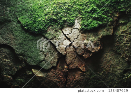 Rich textured stone wall with moss and cracks 128407629