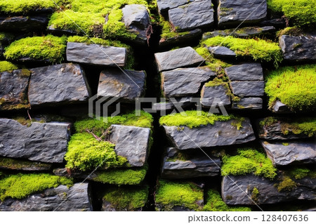 Rich textured stone wall with moss and cracks 128407636