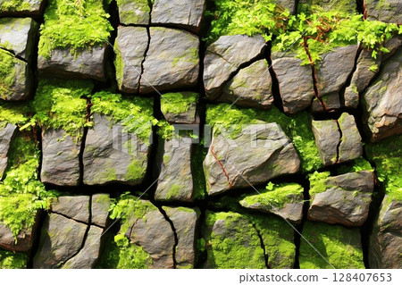 Rich textured stone wall with moss and cracks 128407653