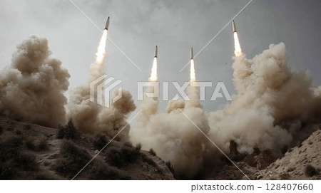 Launch of a ballistic missile from a ground-based missile silo. 128407660
