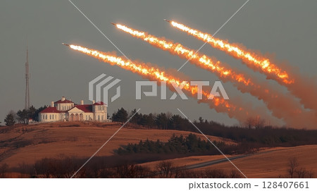 Launch of a ballistic missile from a ground-based missile silo. 128407661