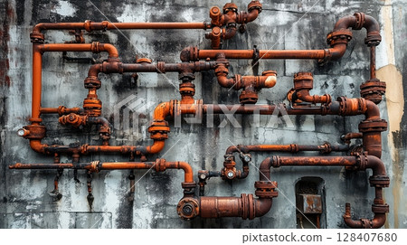 Detailed industrial pipes with rust and valves 128407680