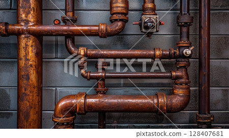Detailed industrial pipes with rust and valves 128407681
