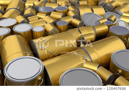 Pile of spray paint cans on violet background. Spray bottle and dispenser Pile of spray paint cans on violet background. Spray bottle and dispenser 128407686