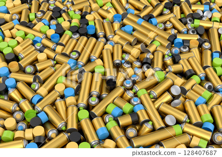 Pile of spray paint cans on yellow background. Spray bottle and dispenser Pile of spray paint cans on yellow background. Spray bottle and dispenser 128407687