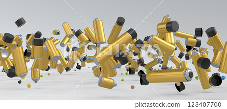 Lots of flying spray paint cans on white background. Spray bottle and dispenser Lots of flying spray paint cans on white background. Spray bottle and dispenser 128407700