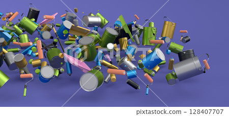 Many of flying metal cans or buckets with paint roller, brush on violet Many of flying metal cans or buckets with paint roller, brush on violet 128407707
