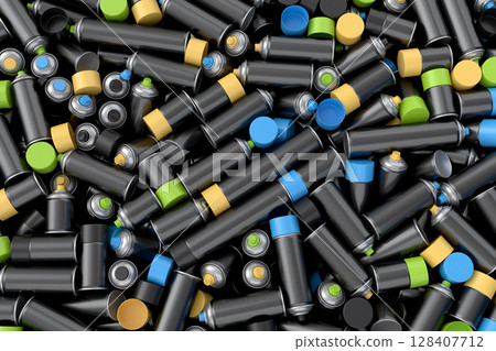 Pile of spray paint cans on black background. Spray bottle and dispenser 128407712