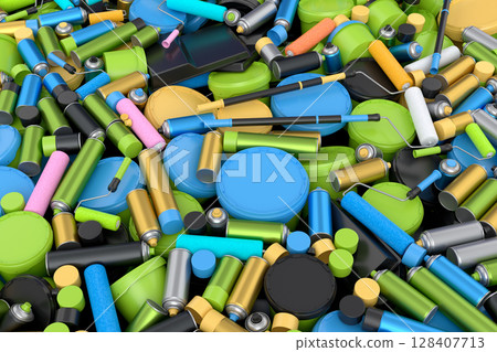 Pile of plastic cans or buckets with paint roller, brush on blue background 128407713