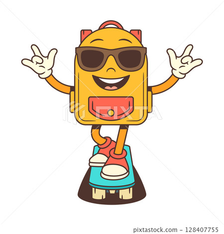 Cool Backpack Mascot Making Rock On Gesture on Skateboard with Confident Smile Vector Illustration 128407755