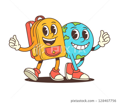 Happy Earth and Backpack Mascot Walking Together in Cheerful Pose for School Concept Vector Illustration Happy Earth and Backpack Mascot Walking Together in Cheerful Pose for School Concept Vector Illustration 128407756