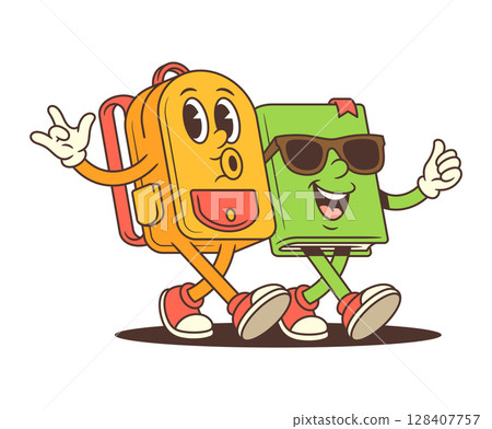 Backpack and Book Mascots Walking Side by Side with Arms Around Each Other in Happy Pose Vector Illustration 128407757