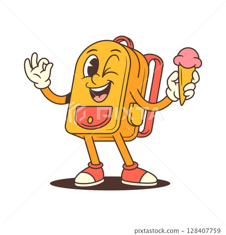 Playful Backpack Mascot Holding Ice Cream with Wink and Smile Vector Illustration 128407759