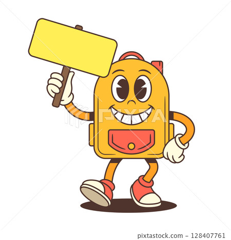 Cheerful Backpack Mascot Holding Sign and Smiling in Joyful School Theme Vector Illustration 128407761