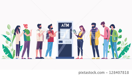 Diverse individuals line up at an ATM, with one person using a mobile app. This image captures a modern scene of people waiting to access banking services. Includes plants for decoration 128407818