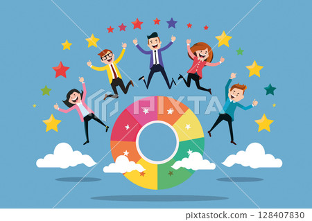 Cheerful business team jumping around a colorful chart. Celebrating success and achievements. Five people smiling and jumping in the air with joy and enthusiasm. Stars around them 128407830