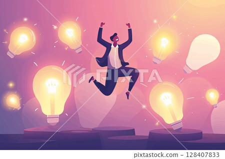 Joyful suited man jumps amidst bright bulbs. Represents breakthrough, innovation, success, and inspiration. A happy celebration of ideas and achievement 128407833