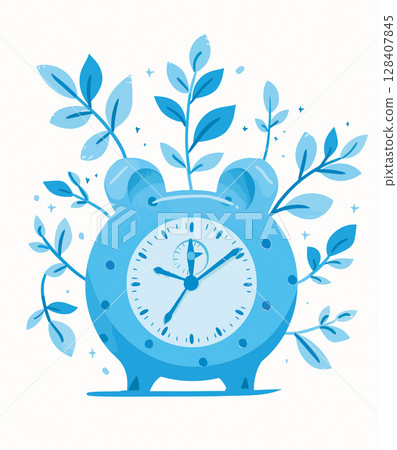 An illustration of a blue alarm clock adorned with leaves, symbolizing the connection between time and nature, and evoking themes of growth, deadlines and life cycles 128407845