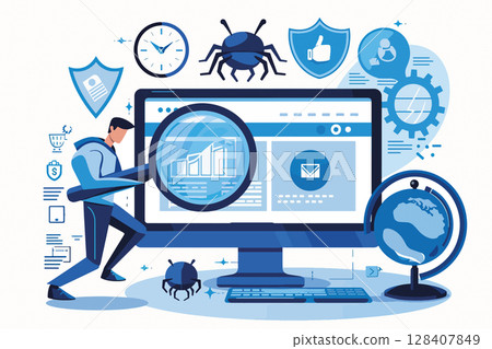 Man reviewing data with a magnifying glass. Cyber security illustration with clock, bug, shield, gears and globe. Online service, analysis, protection, digital technology and global network concept 128407849