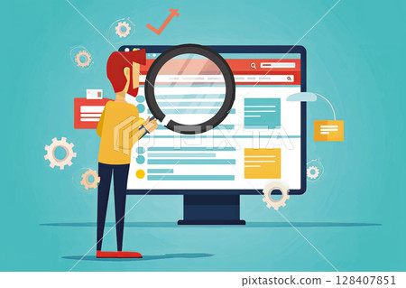 Cartoon illustration of a man with red hair using a magnifying glass in front of a web page on a computer, representing a search engine optimization process and website analysis for better rankings 128407851