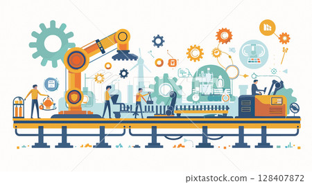 Illustrated assembly line with factory workers and robot arms. A factory with people, robots and gears. Industry, production, machine, automated, manufacturing Illustrated assembly line with factory workers and robot arms. A factory with people, robots and gears. Industry, production, machine, automated, manufacturing 128407872
