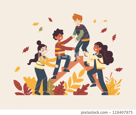 Illustration showing a diverse group of young people helping each other climb stairs. Teamwork, support, mutual assistance, climbing, and encouragement are depicted in this colourful image 128407875