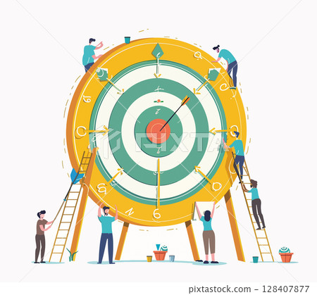 A group of people creating a big clock face or target with arrows, painting numbers and ensuring accuracy. This symbolizes teamwork, a common goal, and precision in project. Metaphor of time target 128407877
