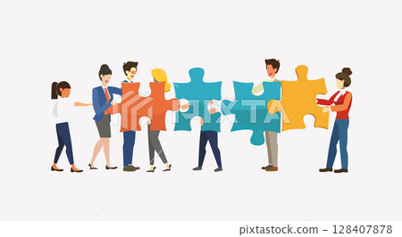 Business team assembling a puzzle. Collaboration symbolizes connection, success, & problem-solving 128407878