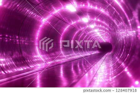 A vibrant pink illuminated tunnel stretches into the distance, creating a futuristic and dynamic scene 128407918