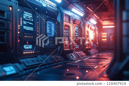 Futuristic spaceship corridor with glowing screens displaying code, showcasing advanced technology and a vibrant, colorful interior design 128407919