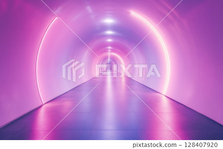 A futuristic tunnel with vibrant pink and purple neon lights creates a surreal and captivating atmosphere 128407920