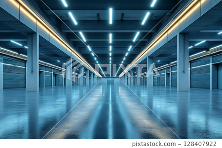 Empty futuristic garage with neon lighting and roll-up doors 128407922