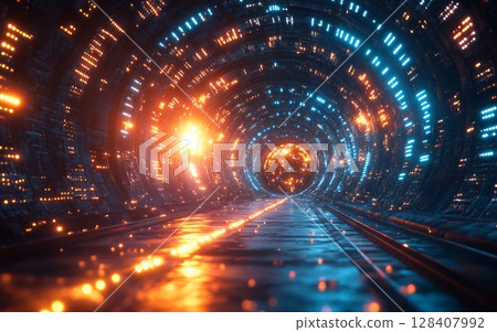 Futuristic tunnel with vibrant orange and blue neon lights, creating a dynamic and captivating sci-fi scene Futuristic tunnel with vibrant orange and blue neon lights, creating a dynamic and captivating sci-fi scene 128407992