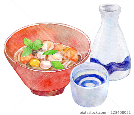 Watercolor illustration, hand-drawn illustration, analog, Kozuyu and sake 128408031