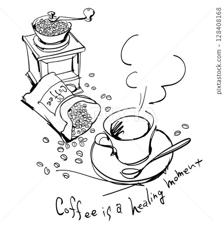 Line drawing illustration of hot coffee, mill and coffee beans with English letters 128408168