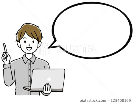 A man in a suit holding a laptop and a speech bubble 128408169