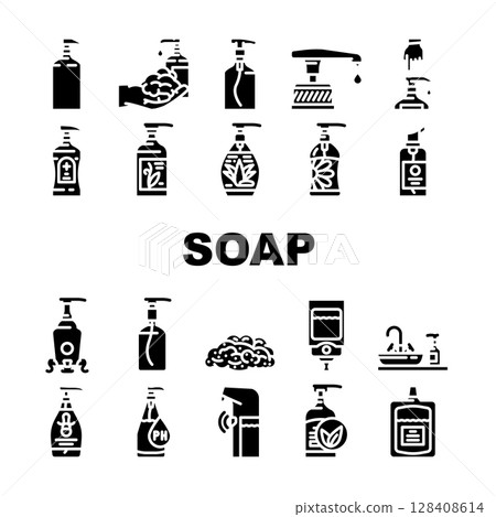 liquid soap cleanser hygiene icons set vector liquid soap cleanser hygiene icons set vector 128408614