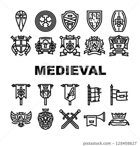 medieval heraldry arms shield, icons set vector 128408627