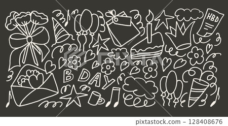 Happy birthday party doodle chalk drawn set. Celebration Bday hand drawn signs isolated on dark chalkboard background. Gift, confetti and cake with balloons for festive. Vector kid illustration 128408676