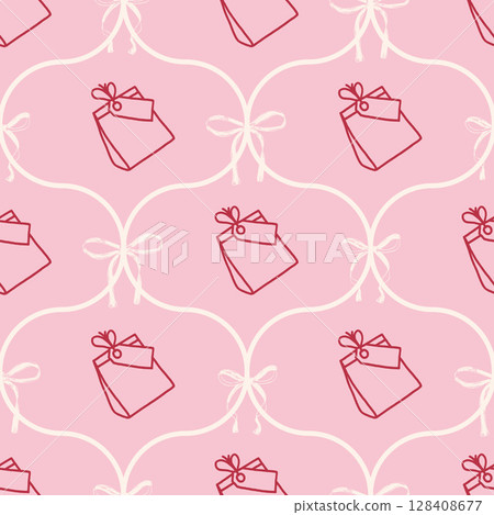 Coquette party crayon seamless pattern. Ogee gift and ribbons endless background. Girly festive pink damask repeat cover. Surface pattern birthday or wedding motif. Vector hand drawn illustration Coquette party crayon seamless pattern. Ogee gift and ribbons endless background. Girly festive pink damask repeat cover. Surface pattern birthday or wedding motif. Vector hand drawn illustration 128408677