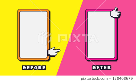 Before and after pixel game template. Rectangle frames for photo comparison. Competition layout borders with vibrant y2k 90s style decoration. Empty vs challenge. Vector background illustration Before and after pixel game template. Rectangle frames for photo comparison. Competition layout borders with vibrant y2k 90s style decoration. Empty vs challenge. Vector background illustration 128408679