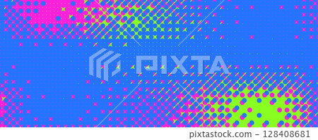 Halftone vibrant comic background. Noise colorful grid gradient design cover. Grain pixel overlay. Neon colors dots pattern horizontal banner. Vector abstract gradient illustration Halftone vibrant comic background. Noise colorful grid gradient design cover. Grain pixel overlay. Neon colors dots pattern horizontal banner. Vector abstract gradient illustration 128408681