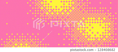 Halftone duotone background. Noise gradient yellow and pink colors design cover. Grainy pixel overlay backdrop. Dots wide banner. Vector abstract gradation illustration Halftone duotone background. Noise gradient yellow and pink colors design cover. Grainy pixel overlay backdrop. Dots wide banner. Vector abstract gradation illustration 128408682