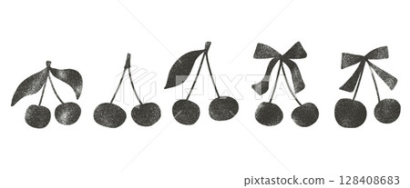 Cherry ink painted silhouette set. Coquette linocut berries with ribbons and leaves doodle isolated on white background. Fruits grunge textured elements. Vector naive illustration by crayon pencil Cherry ink painted silhouette set. Coquette linocut berries with ribbons and leaves doodle isolated on white background. Fruits grunge textured elements. Vector naive illustration by crayon pencil 128408683