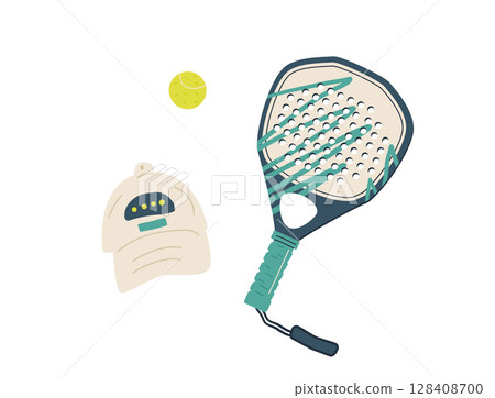 Sport equipment for padel tennis game. Ball, diamond shaped racket and cap. Club match accessories in flat design. Vector illustration isolated on white background Sport equipment for padel tennis game. Ball, diamond shaped racket and cap. Club match accessories in flat design. Vector illustration isolated on white background 128408700