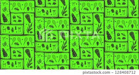 Seamless pattern of neon tennis. Sports rackets, balls and flowers with bows endless background. Surface pattern design entertainment vibrant motif. Vector hand drawn bento grid illustration 128408712
