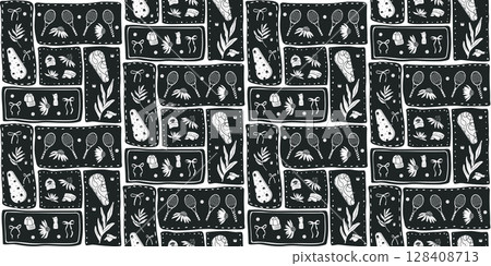 Tennis bento grid monochrome seamless pattern. Sports rackets, balls and flowers on geometric boxes background. Surface pattern entertainment motif. Vector black and white patchwork illustration Tennis bento grid monochrome seamless pattern. Sports rackets, balls and flowers on geometric boxes background. Surface pattern entertainment motif. Vector black and white patchwork illustration 128408713
